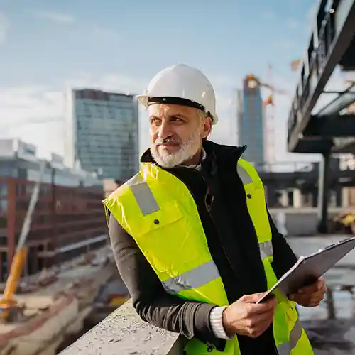 Ingenieur, der auf der Baustelle die Bauunterlagen auf einem Klemmbrett überprüft